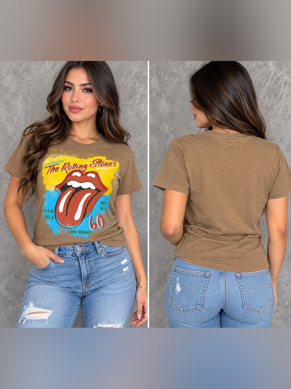 the Rolling Stones Brown Graphic Tee with Red Tongue and Yellow Accent
